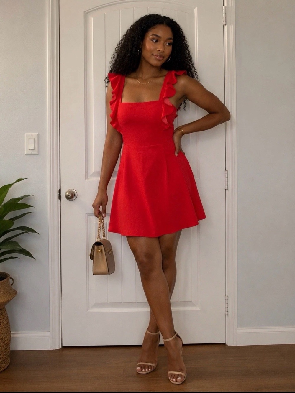 BCBG Paris Red Ruffle-Shoulder Square-Neck Mini Dress